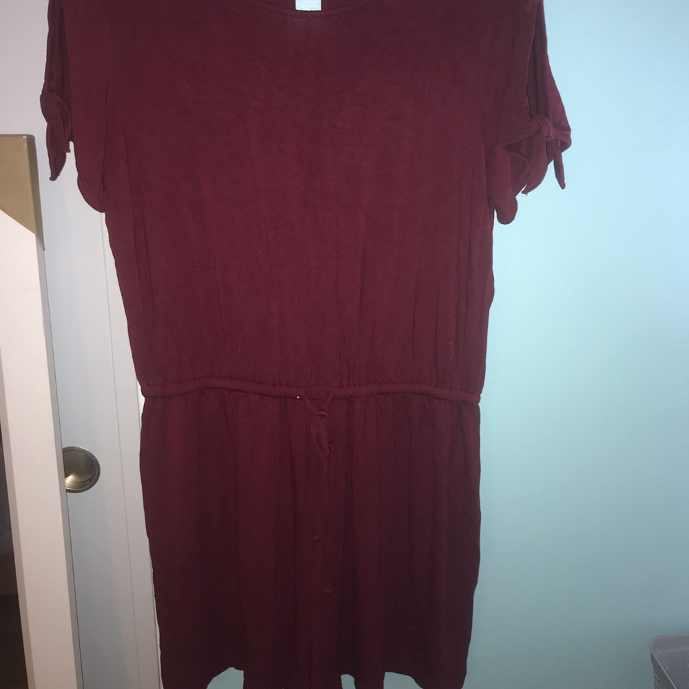 Maroon knit romper with drawstring waist and ties